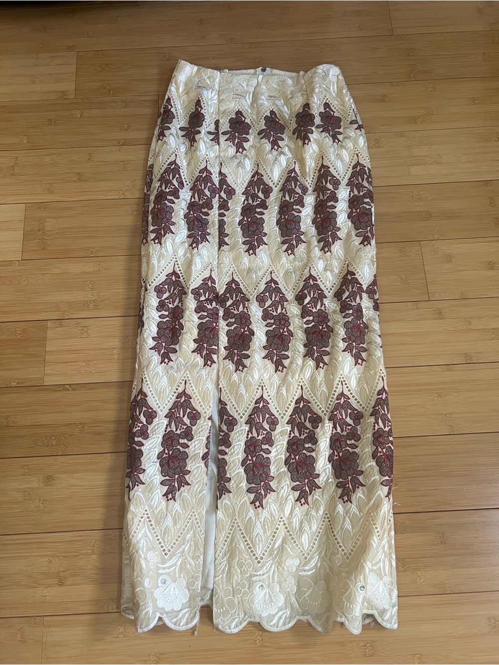 Handmade Metallic Brocade Embroidered Lace Maxi Skirt Slit Burgundy Gold M